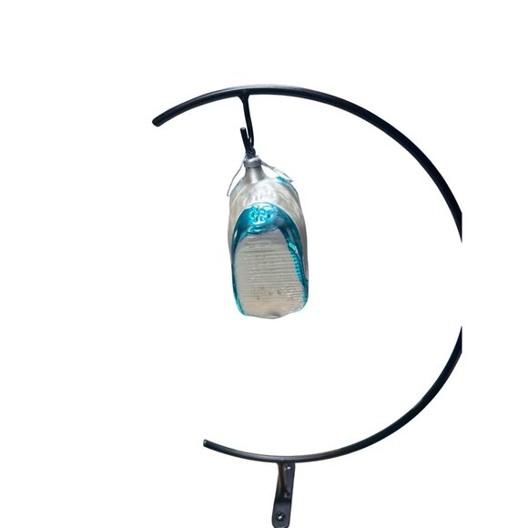 Glass Ornament Baby Bootie Ornament Blue Hand Painted Silver Aqua Glitte Pearl - Picture 5 of 10